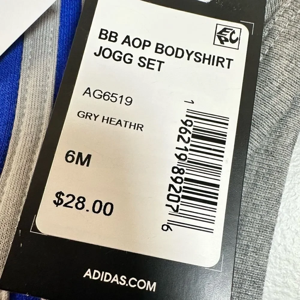 NWT Adidas Baby 2 Piece Logo Gray Body Shirt Blue Jogging Pant Set - Size 6M